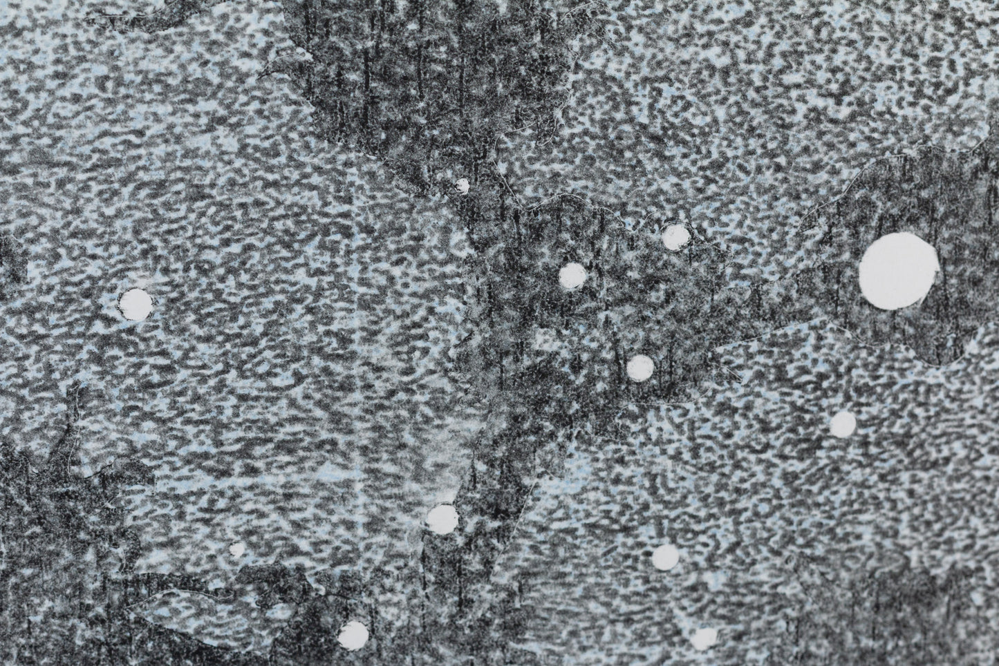 Abstraktes monochromes Kunstwerk in Grautönen mit organischen Strukturen und kreisförmigen Elementen – Abstract monochrome artwork in shades of grey with organic textures and circular shapes