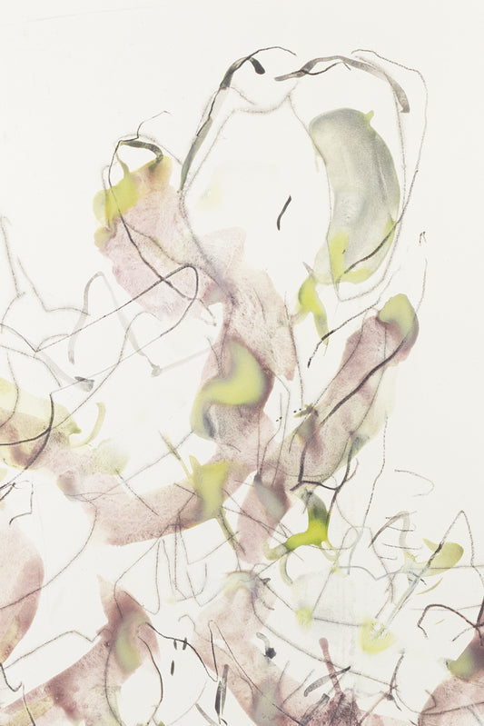 Abstrakte Blumenskizze eines Knabenkrauts in Violett, Grün und Grau mit feinen Linien und transparenten Farbschichten auf hellem Papier – abstract floral motive of a marsh orchid in violet, green and grey tones with fine lines and translucent color washes on light paper.