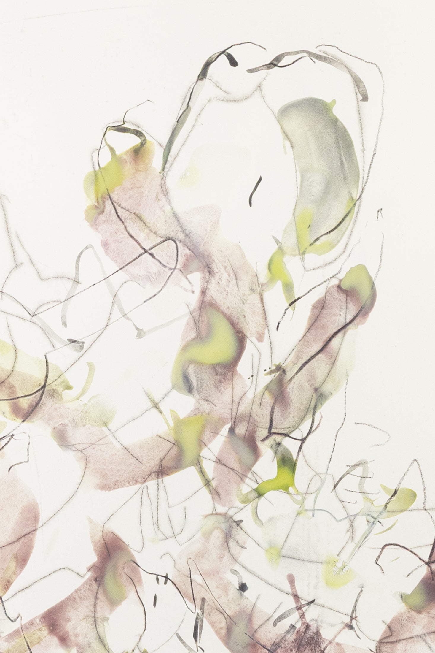 Abstrakte Blumenskizze eines Knabenkrauts in Violett, Grün und Grau mit feinen Linien und transparenten Farbschichten auf hellem Papier – abstract floral motive of a marsh orchid in violet, green and grey tones with fine lines and translucent color washes on light paper.