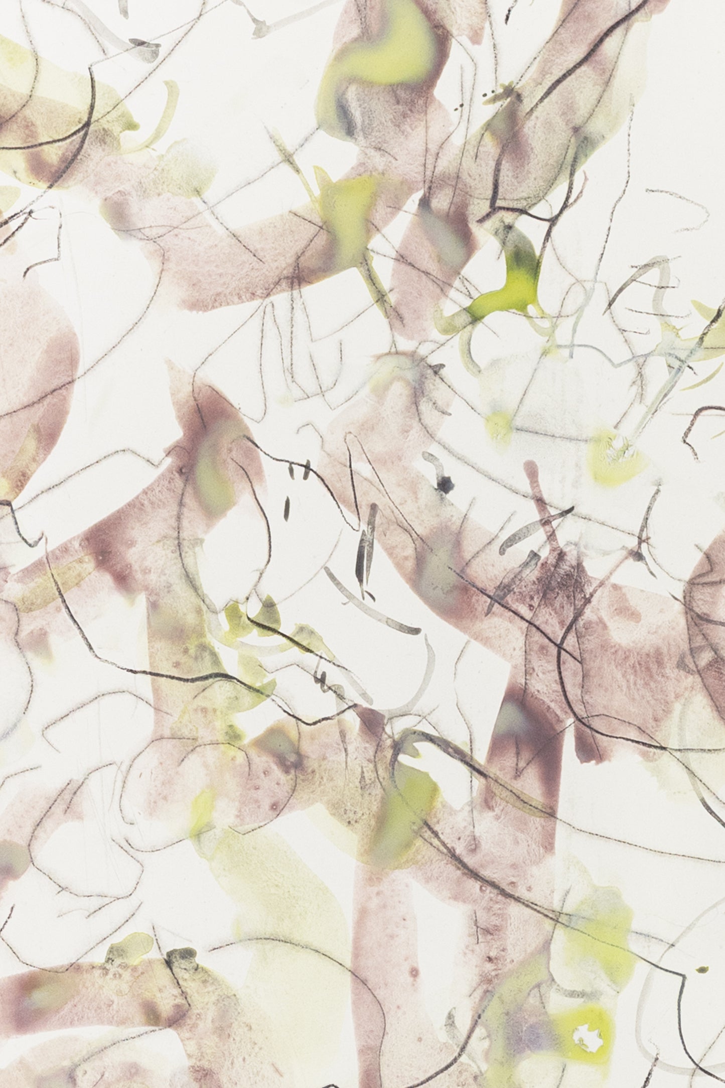 Abstrakte Blumenskizze eines Knabenkrauts in Violett, Grün und Grau mit feinen Linien und transparenten Farbschichten auf hellem Papier – abstract floral motive of a marsh orchid in violet, green and grey tones with fine lines and translucent color washes on light paper.