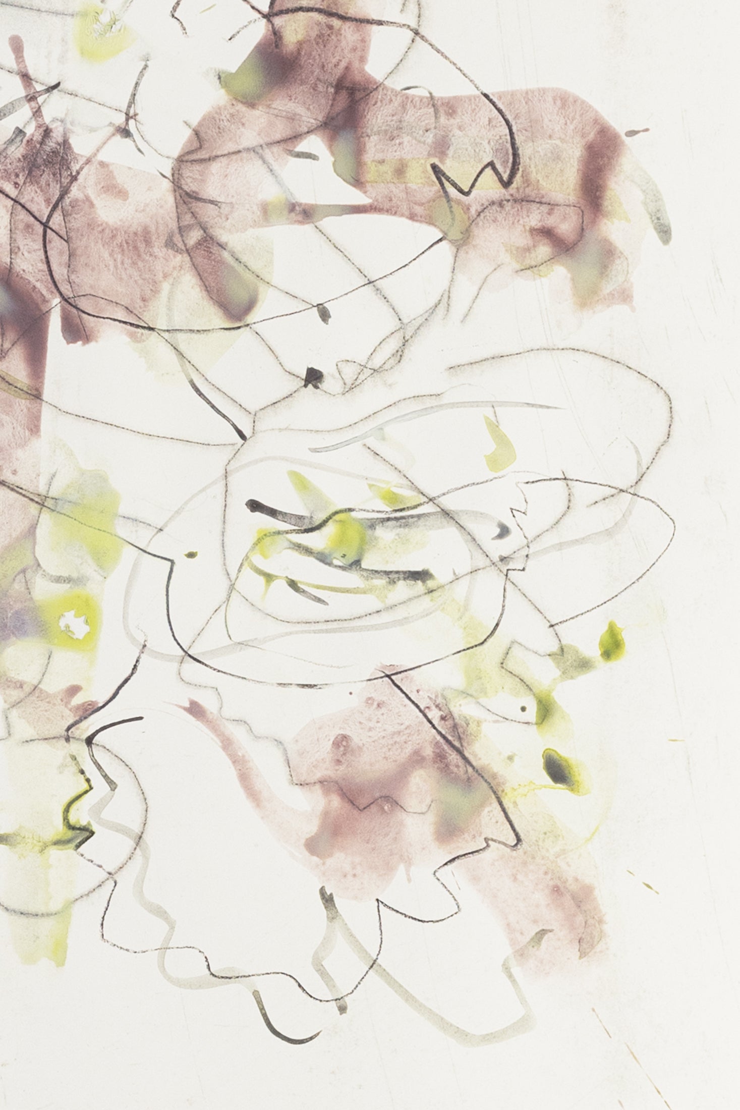 Abstrakte Blumenskizze eines Knabenkrauts in Violett, Grün und Grau mit feinen Linien und transparenten Farbschichten auf hellem Papier – abstract floral motive of a marsh orchid in violet, green and grey tones with fine lines and translucent color washes on light paper.