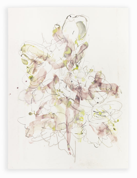 Abstrakte Blumenskizze eines Knabenkrauts in Violett, Grün und Grau mit feinen Linien und transparenten Farbschichten auf hellem Papier – abstract floral motive of a marsh orchid in violet, green and grey tones with fine lines and translucent color washes on light paper.