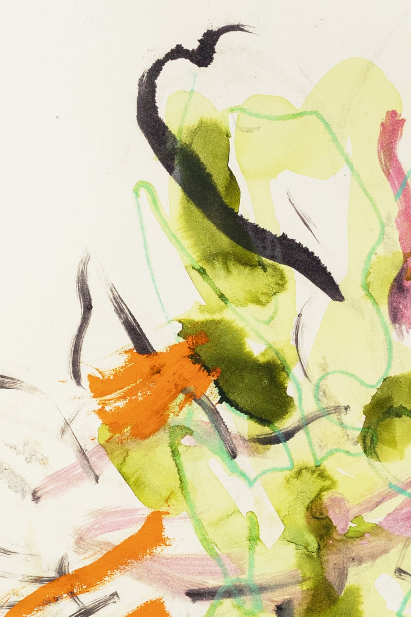 Abstrakte Pflanzenstudie von einem Knabenkraut in Gelb, Grün, Orange und Rosa mit dynamischen Pinselstrichen und zarten Linien – Abstract plant study of a marsh orchid in yellow, green, orange and pink with dynamic brushstrokes and delicate lines