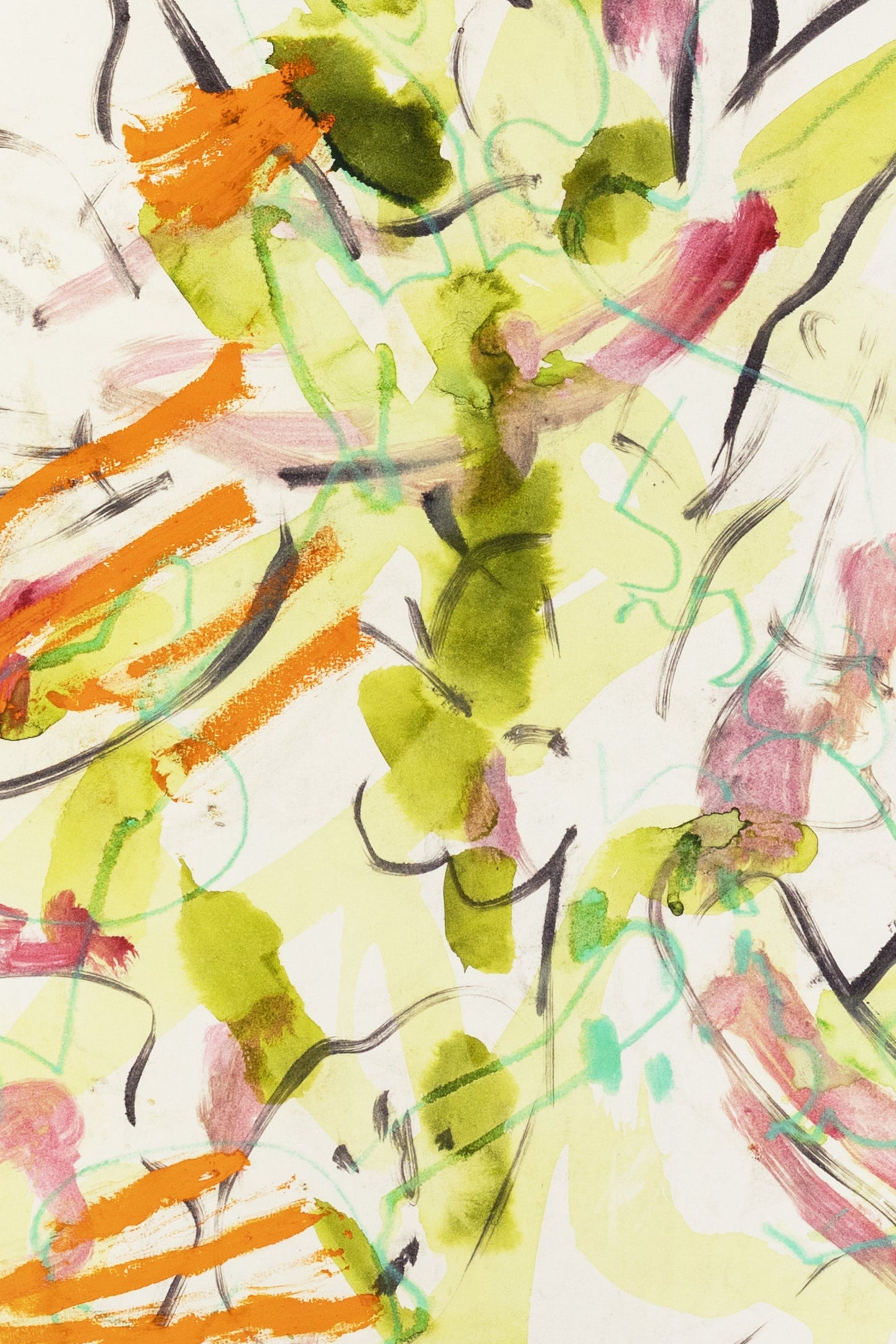 Abstrakte Pflanzenstudie von einem Knabenkraut in Gelb, Grün, Orange und Rosa mit dynamischen Pinselstrichen und zarten Linien – Abstract plant study of a marsh orchid in yellow, green, orange and pink with dynamic brushstrokes and delicate lines