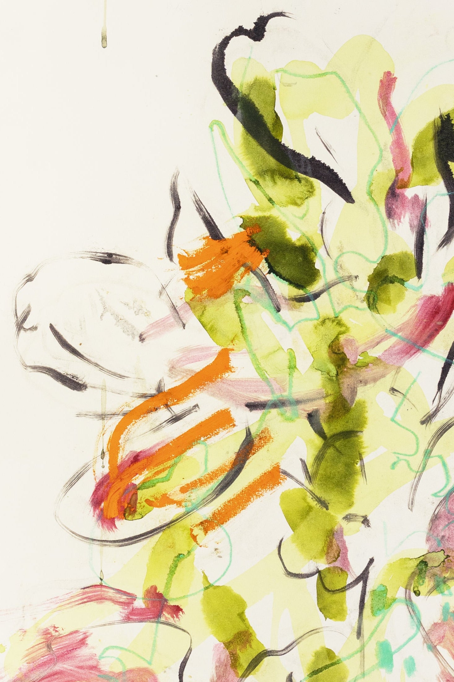 Abstrakte Pflanzenstudie von einem Knabenkraut in Gelb, Grün, Orange und Rosa mit dynamischen Pinselstrichen und zarten Linien – Abstract plant study of a marsh orchid in yellow, green, orange and pink with dynamic brushstrokes and delicate lines