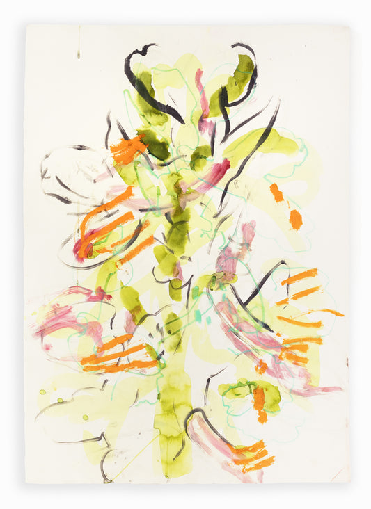 Abstrakte Pflanzenstudie von einem Knabenkraut in Gelb, Grün, Orange und Rosa mit dynamischen Pinselstrichen und zarten Linien – Abstract plant study of a marsh orchid in yellow, green, orange and pink with dynamic brushstrokes and delicate lines