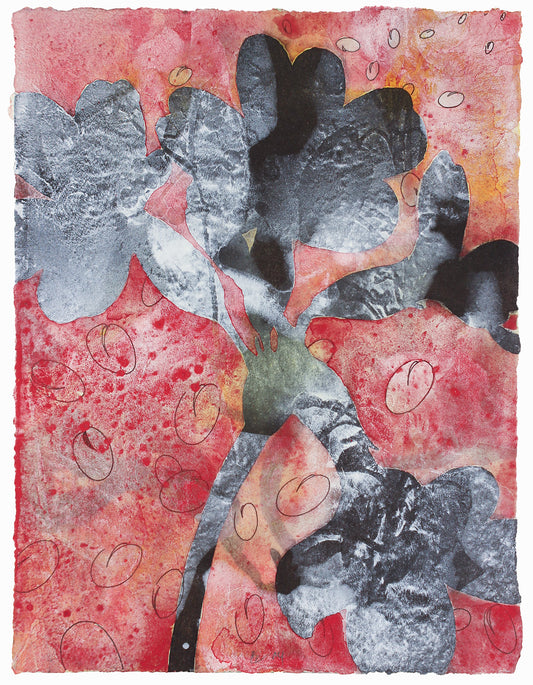 Abstraktes Blumenmotiv in Schwarz- und Grautönen auf lebhaft rotem Hintergrund mit kreisförmigen Linien – Abstract floral composition in black and grey on a vivid red background with circular patterns.