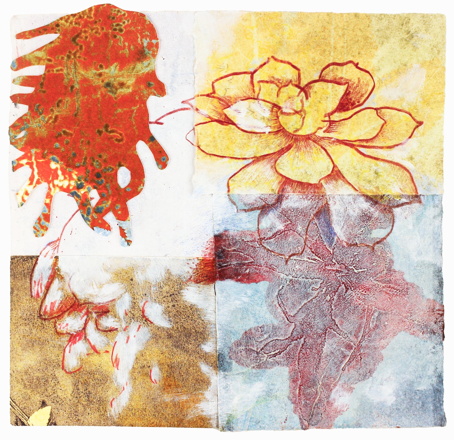 Vierteilige Blumenkomposition in Gelb-, Rot- und Blautönen mit zeichnerischen und strukturellen Elementen – Four-part floral composition in yellow, red and blue tones with graphic and textured details.