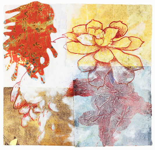 Vierteilige Blumenkomposition in Gelb-, Rot- und Blautönen mit zeichnerischen und strukturellen Elementen – Four-part floral composition in yellow, red and blue tones with graphic and textured details.