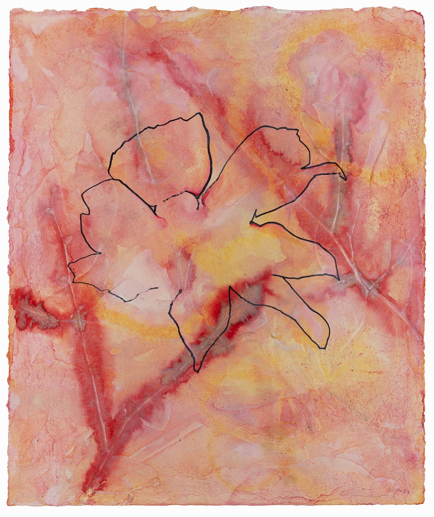 Zarte Blumenform in Rosa-, Orange-, Gelb- und Rottönen mit feinen Linien auf strukturierter Oberfläche – Delicate floral form in shades of pink, yellow and red with fine lines on a textured surface.