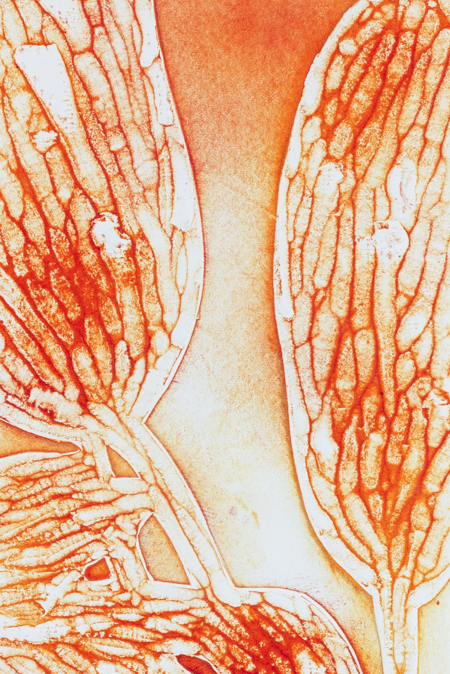 Abstrakte Pflanzenstruktur in warmen Orange- und Gelbtönen, organische Linien auf hellem Hintergrund – Abstract plant-inspired art print in orange and yellow tones.