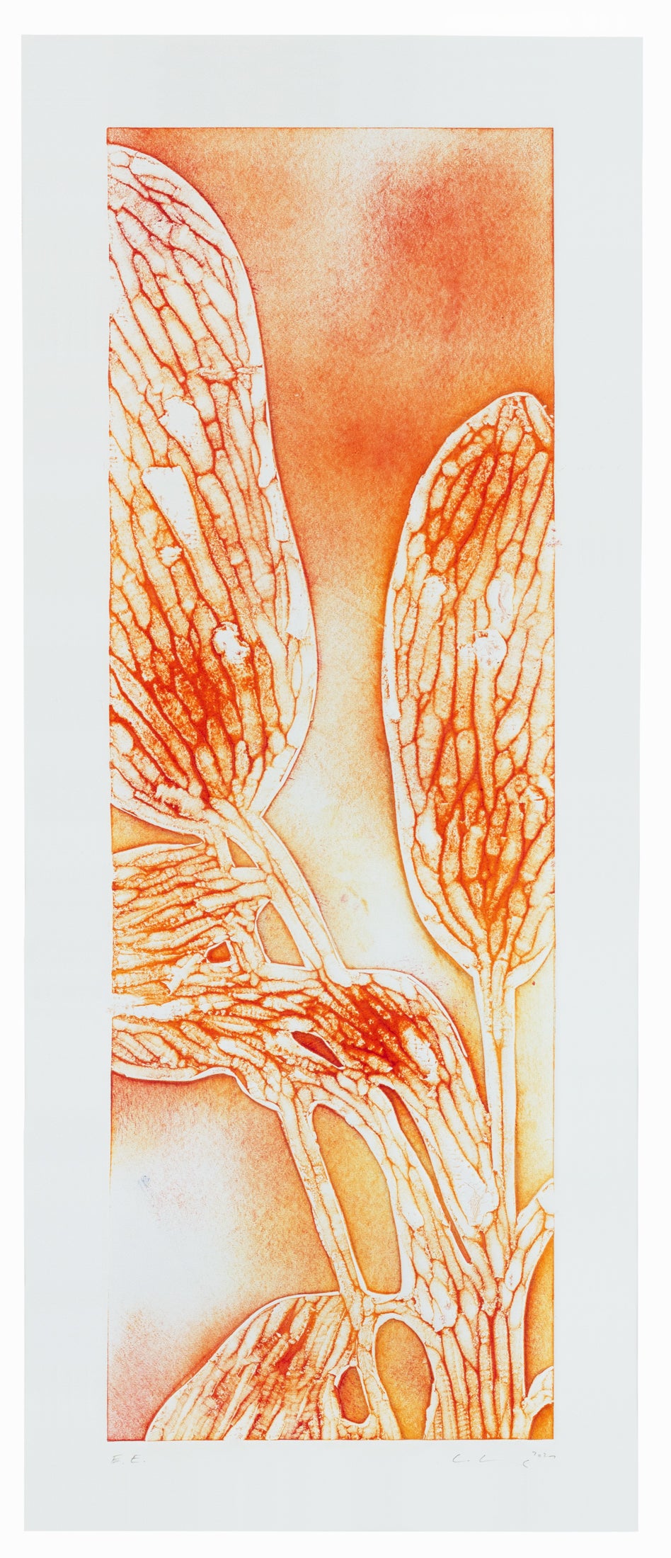 Abstrakte Pflanzenstruktur in warmen Orange- und Gelbtönen, organische Linien auf hellem Hintergrund – Abstract plant-inspired art print in orange and yellow tones.