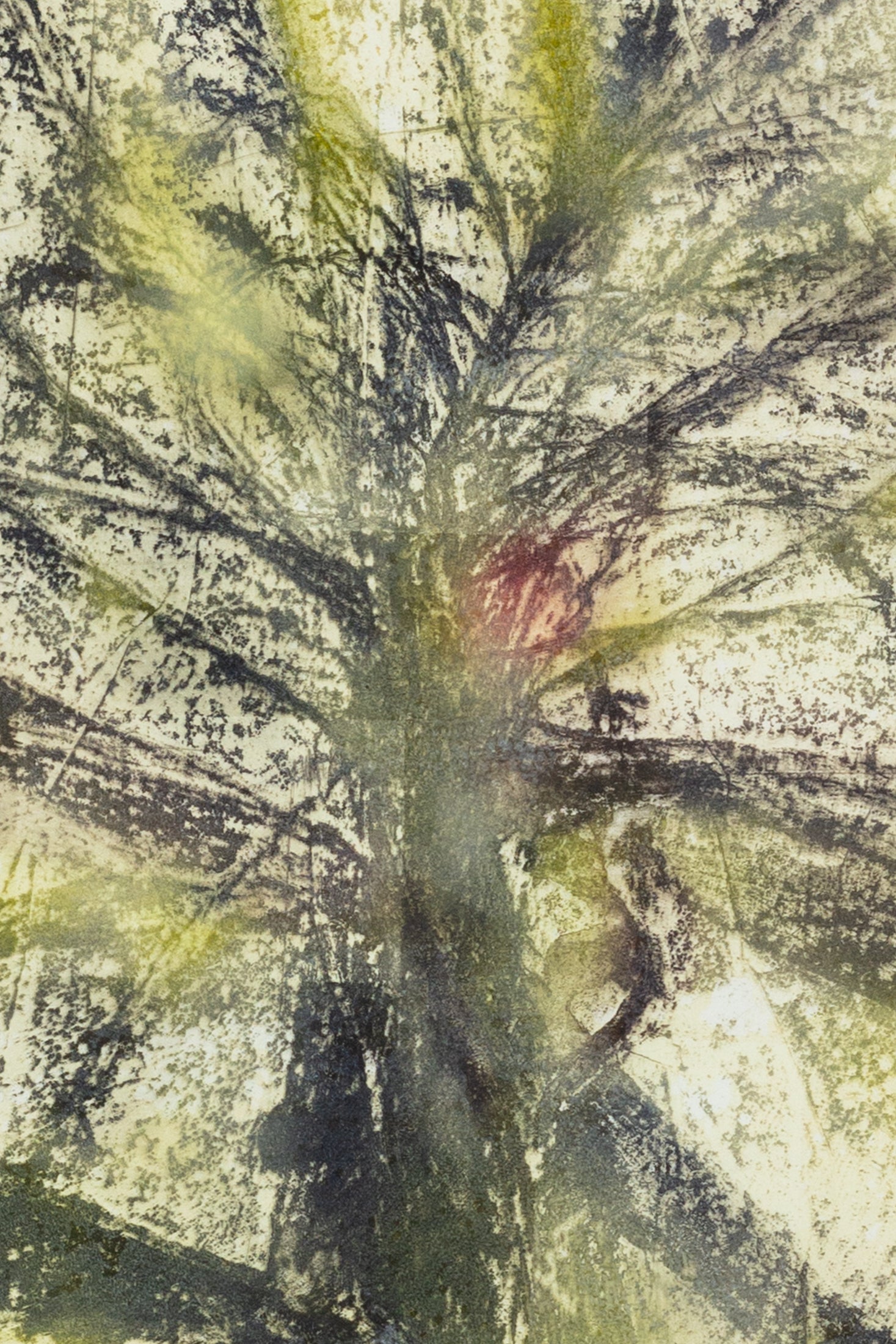 Detail eines bstrakten Pflanzenmotivs in Grün- und Gelbtönen mit weichen Übergängen und feinen Strukturen – Detail shot of an abstract plant motif in shades of green and yellow with soft transitions and delicate textures.