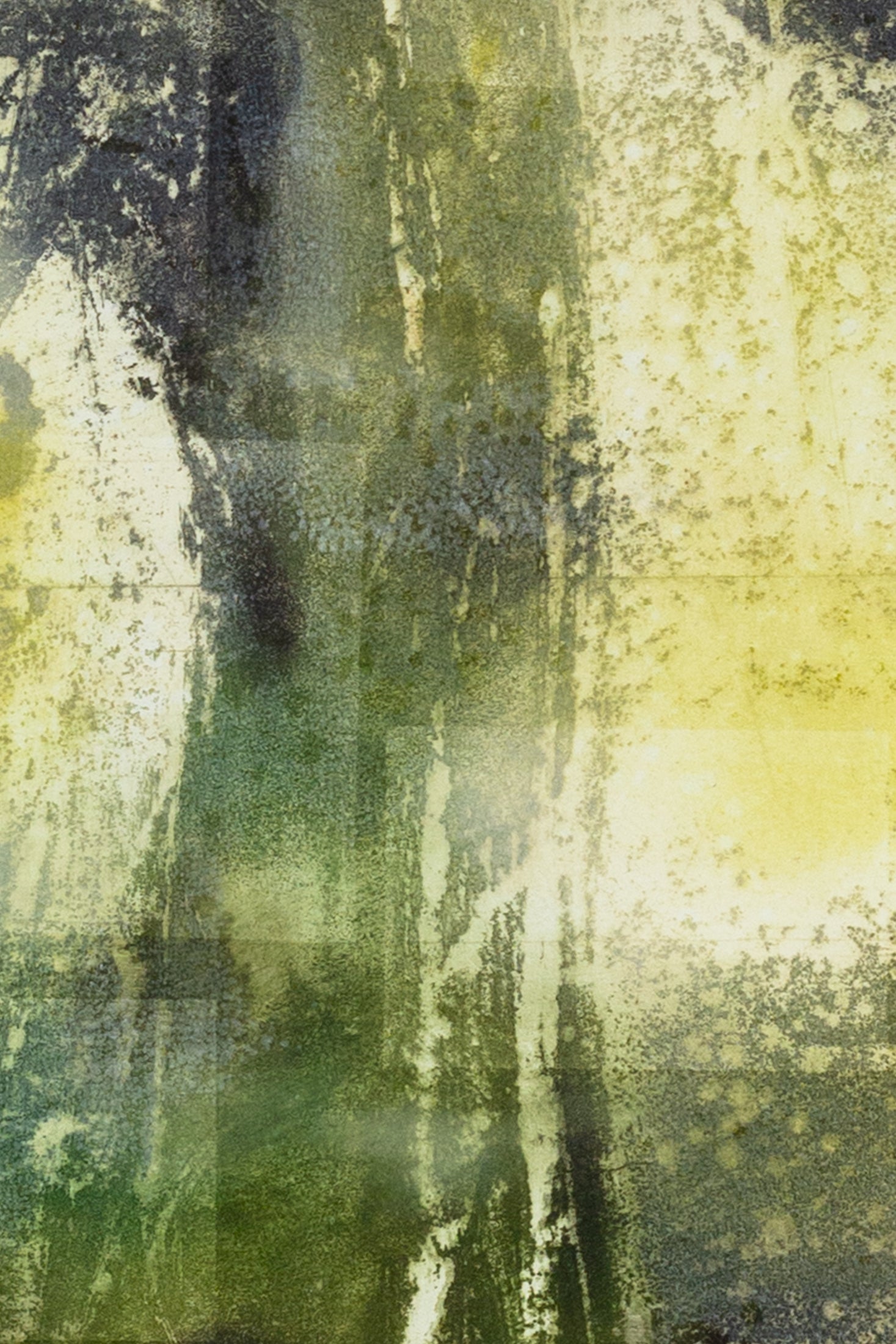 Detail eines bstrakten Pflanzenmotivs in Grün- und Gelbtönen mit weichen Übergängen und feinen Strukturen – Detail shot of an abstract plant motif in shades of green and yellow with soft transitions and delicate textures.