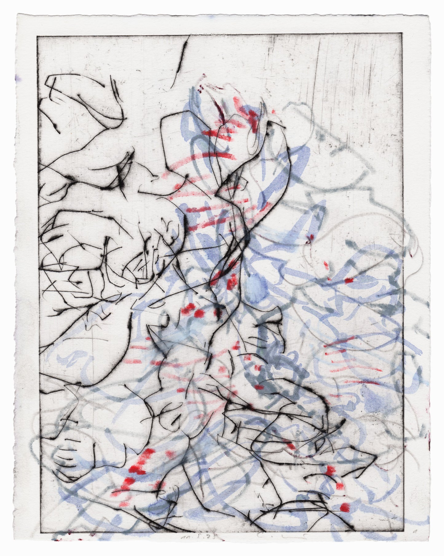 Abstrakte Radierung mit Pflanzenmotiv von Knabenkraut mit feinen schwarzen, roten und hellblauen Linien  – Abstract etching of plant motif of a marsh orchid with fine black, red and light blue lines.