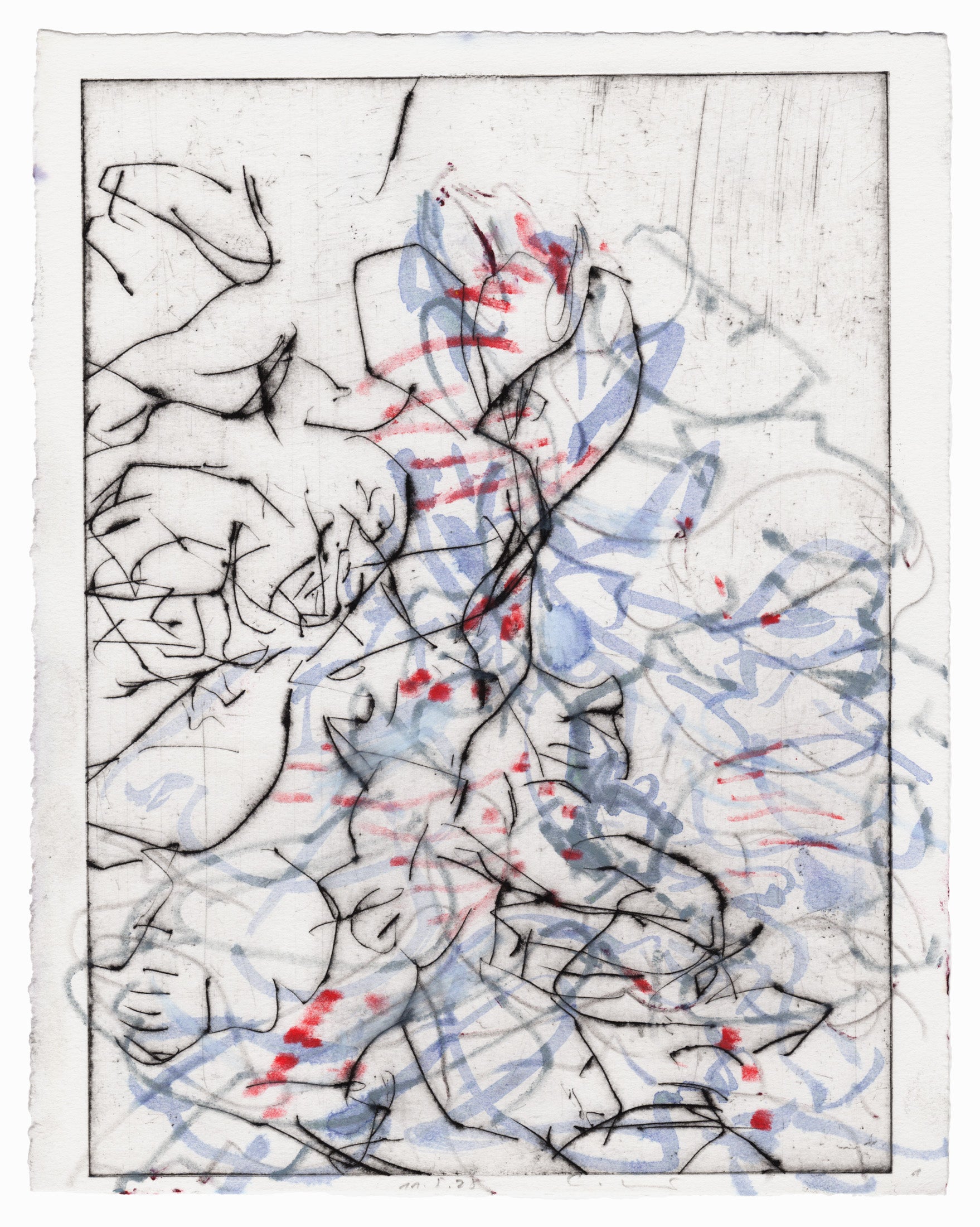 Abstrakte Radierung mit Pflanzenmotiv von Knabenkraut mit feinen schwarzen, roten und hellblauen Linien  – Abstract etching of plant motif of a marsh orchid with fine black, red and light blue lines.