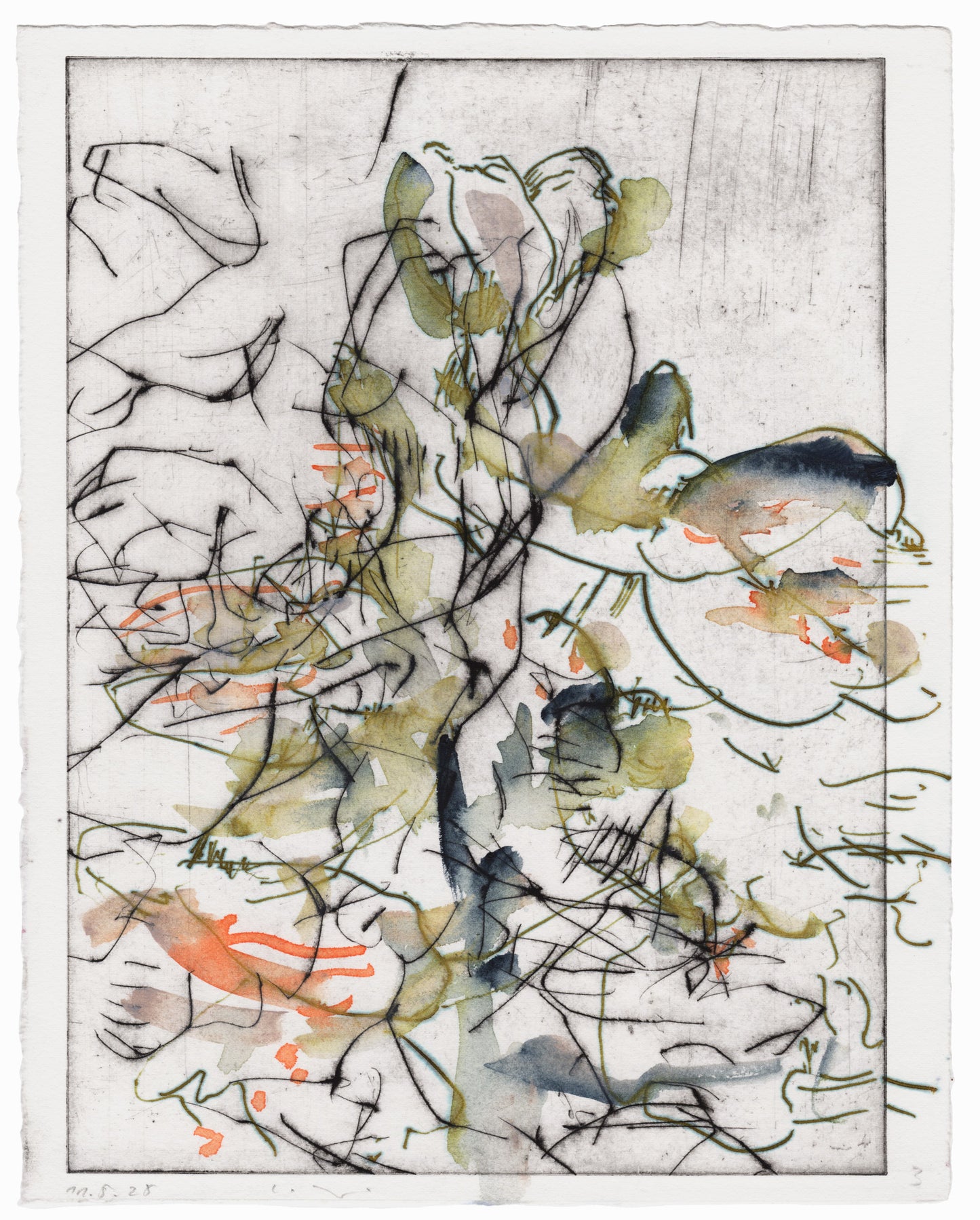 Abstrakte Radierung mit Pflanzenmotiv von Knabenkraut mit feinen schwarzen Linien und Flächen in Orange-, Grün- und Blautönen – Abstract etching of plant motif of a marsh orchid with fine black lines and areas of green, blue and orange.