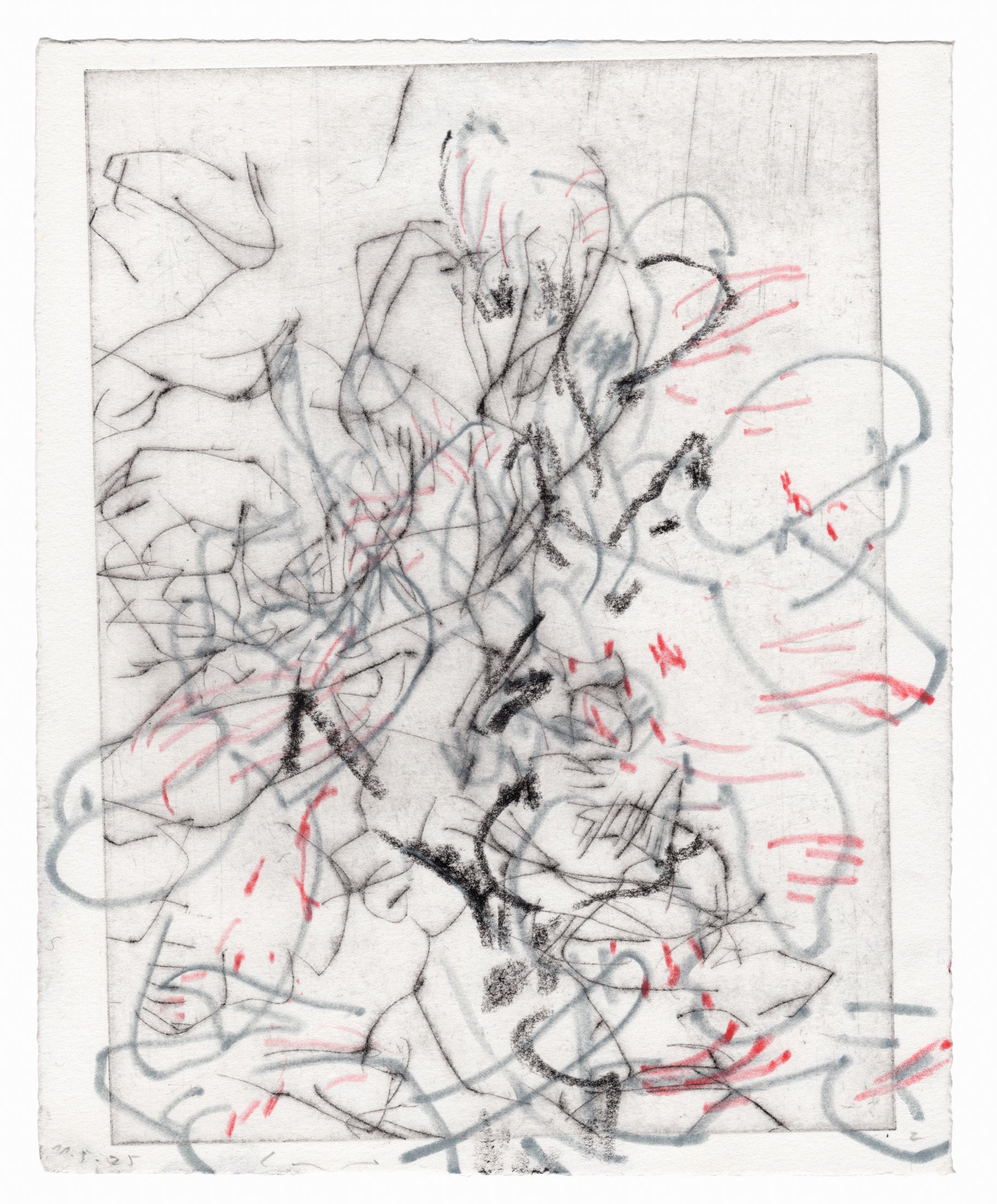 Abstrakte Radierung mit Pflanzenmotiv von Knabenkraut mit feinen schwarzen und roten Linien  – Abstract etching of plant motif of a marsh orchid with fine black and red lines.