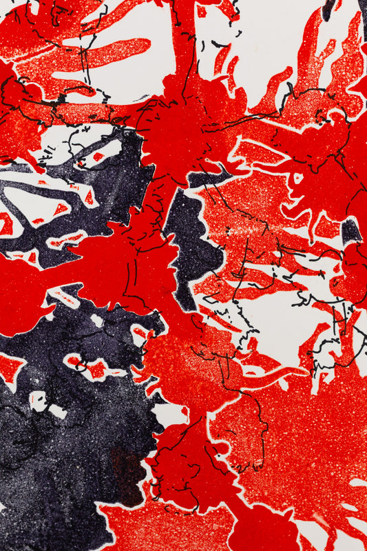 Abstraktes Pflanzenmotiv in kräftigem Rot und Schwarz mit überlagernden Strukturen und kontrastreichen Flächen – Abstract plant motif in bold red and black with layered structures and striking contrasts.