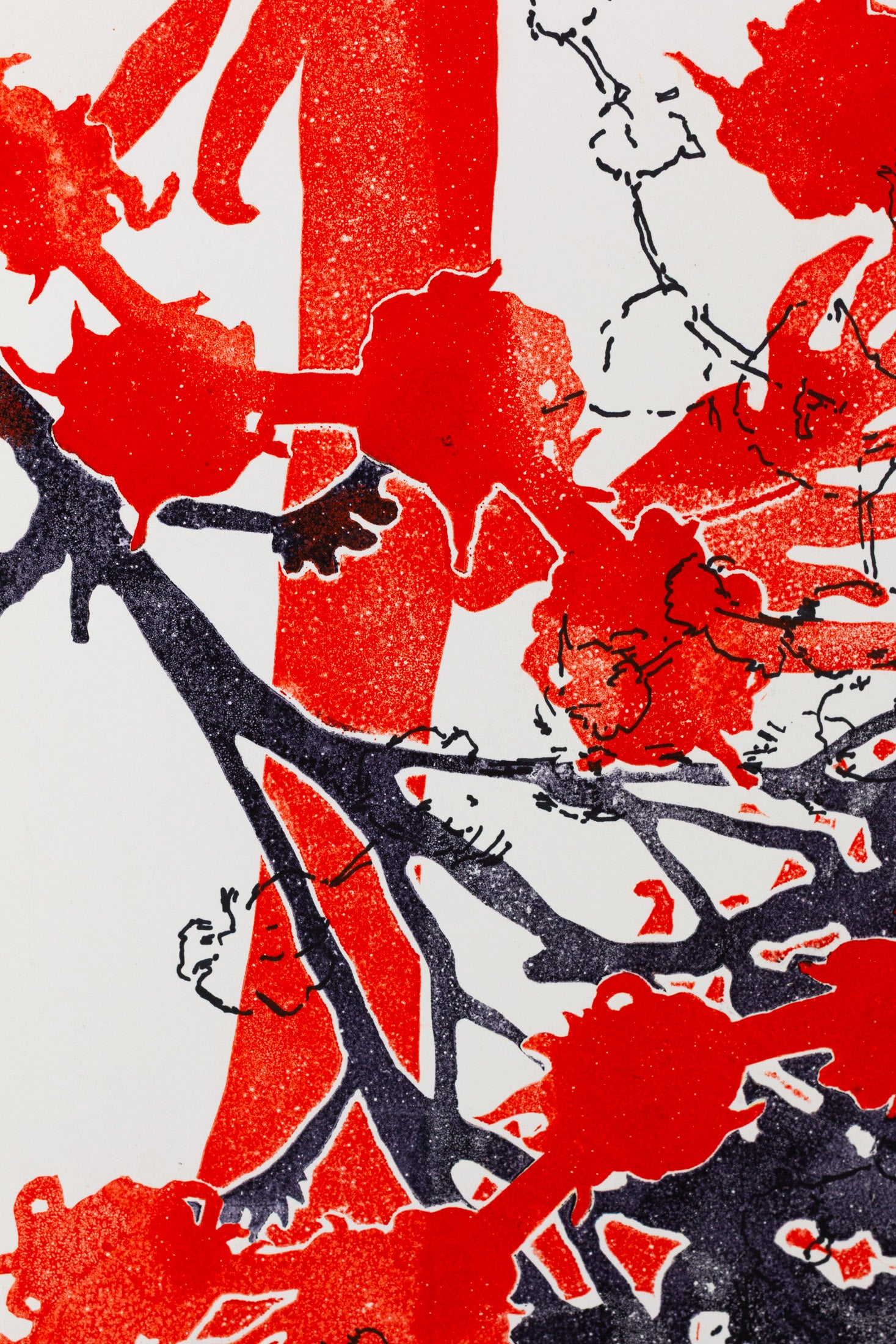 Abstraktes Pflanzenmotiv in kräftigem Rot und Schwarz mit überlagernden Strukturen und kontrastreichen Flächen – Abstract plant motif in bold red and black with layered structures and striking contrasts.