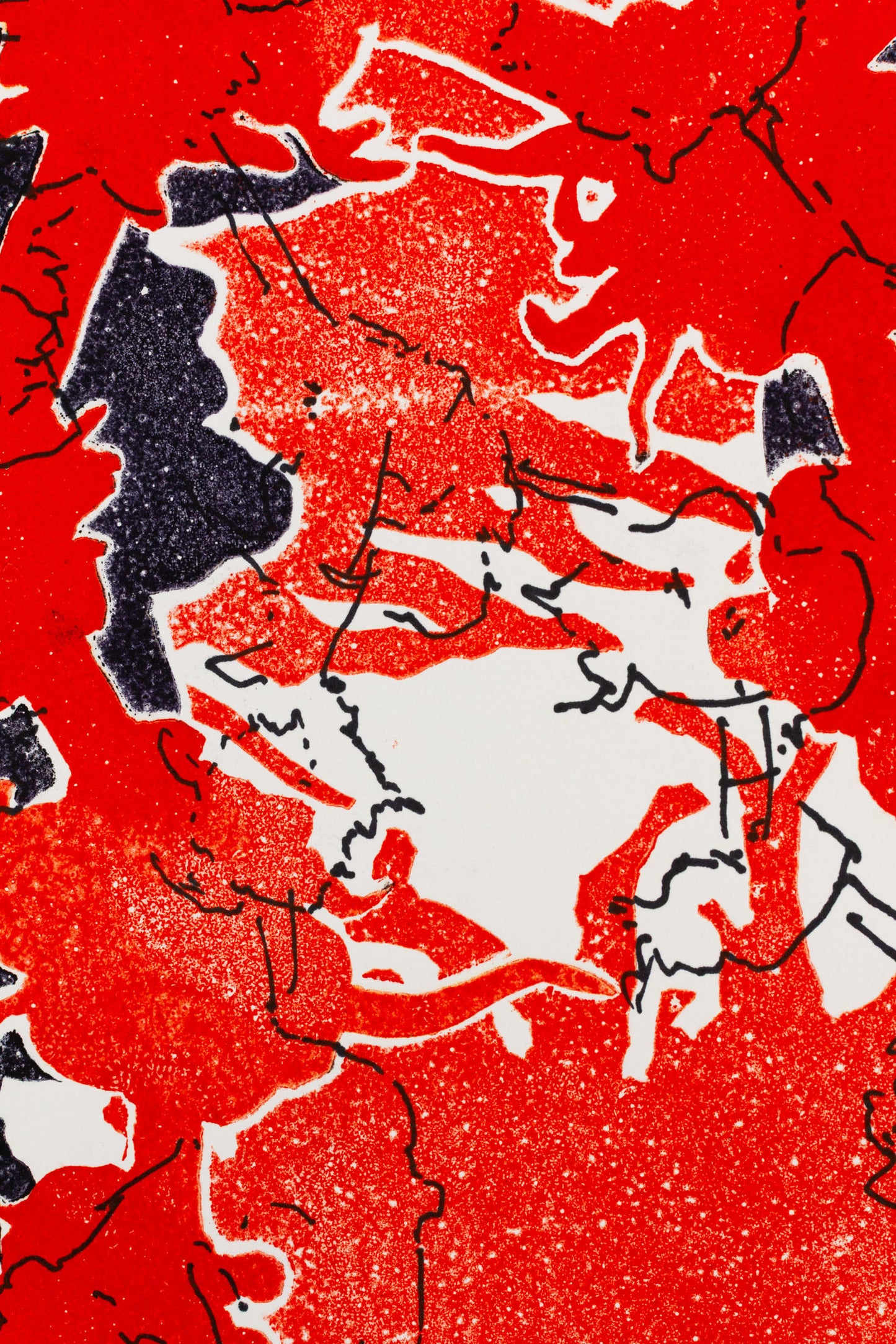 Abstraktes Pflanzenmotiv in kräftigem Rot und Schwarz mit überlagernden Strukturen und kontrastreichen Flächen – Abstract plant motif in bold red and black with layered structures and striking contrasts.