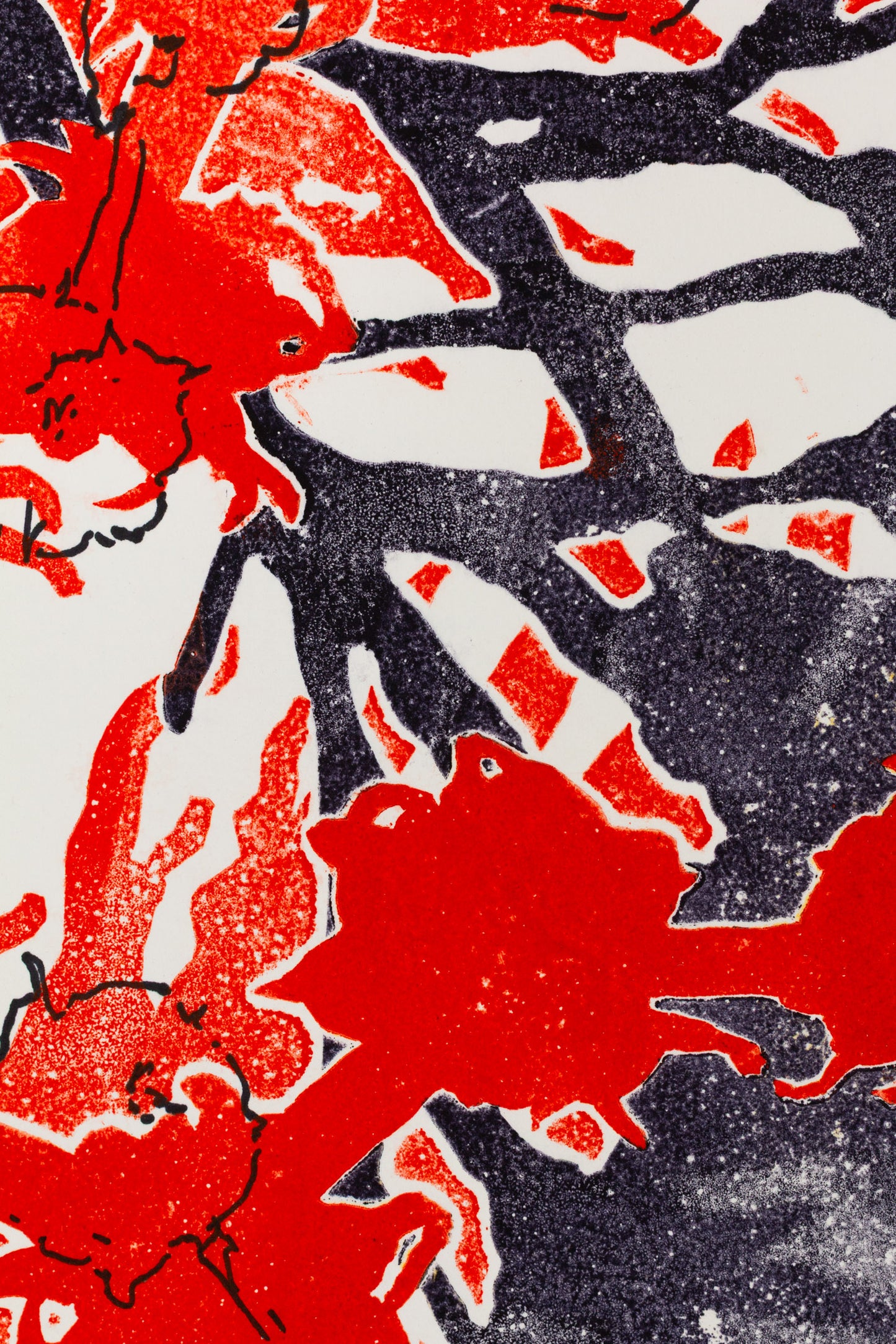 Abstraktes Pflanzenmotiv in kräftigem Rot und Schwarz mit überlagernden Strukturen und kontrastreichen Flächen – Abstract plant motif in bold red and black with layered structures and striking contrasts.