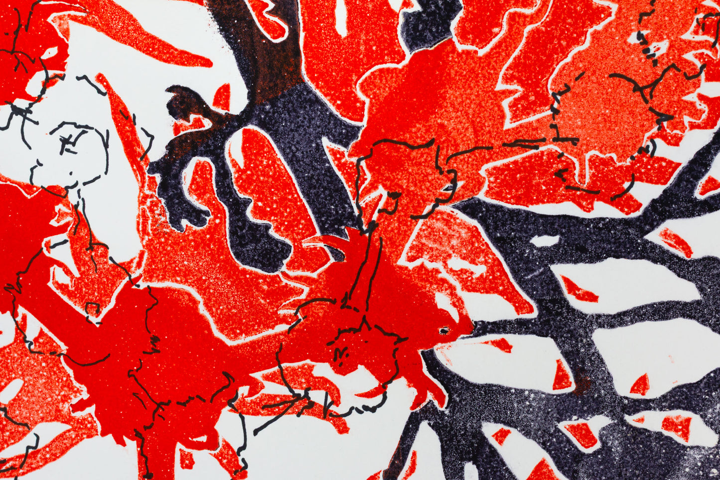 Abstraktes Pflanzenmotiv in kräftigem Rot und Schwarz mit überlagernden Strukturen und kontrastreichen Flächen – Abstract plant motif in bold red and black with layered structures and striking contrasts.