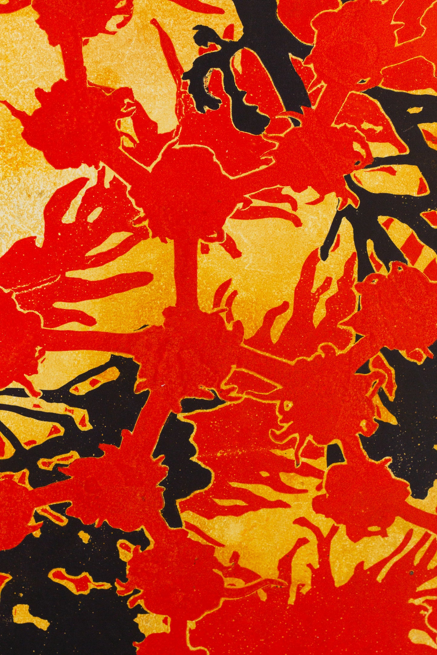 Abstraktes Pflanzenmotiv in kräftigem Rot, Schwarz und Gelb mit überlagernden Formen und kontrastreicher Flächenwirkung – Abstract plant motif in vivid red, black and yellow with layered shapes and strong contrasts.