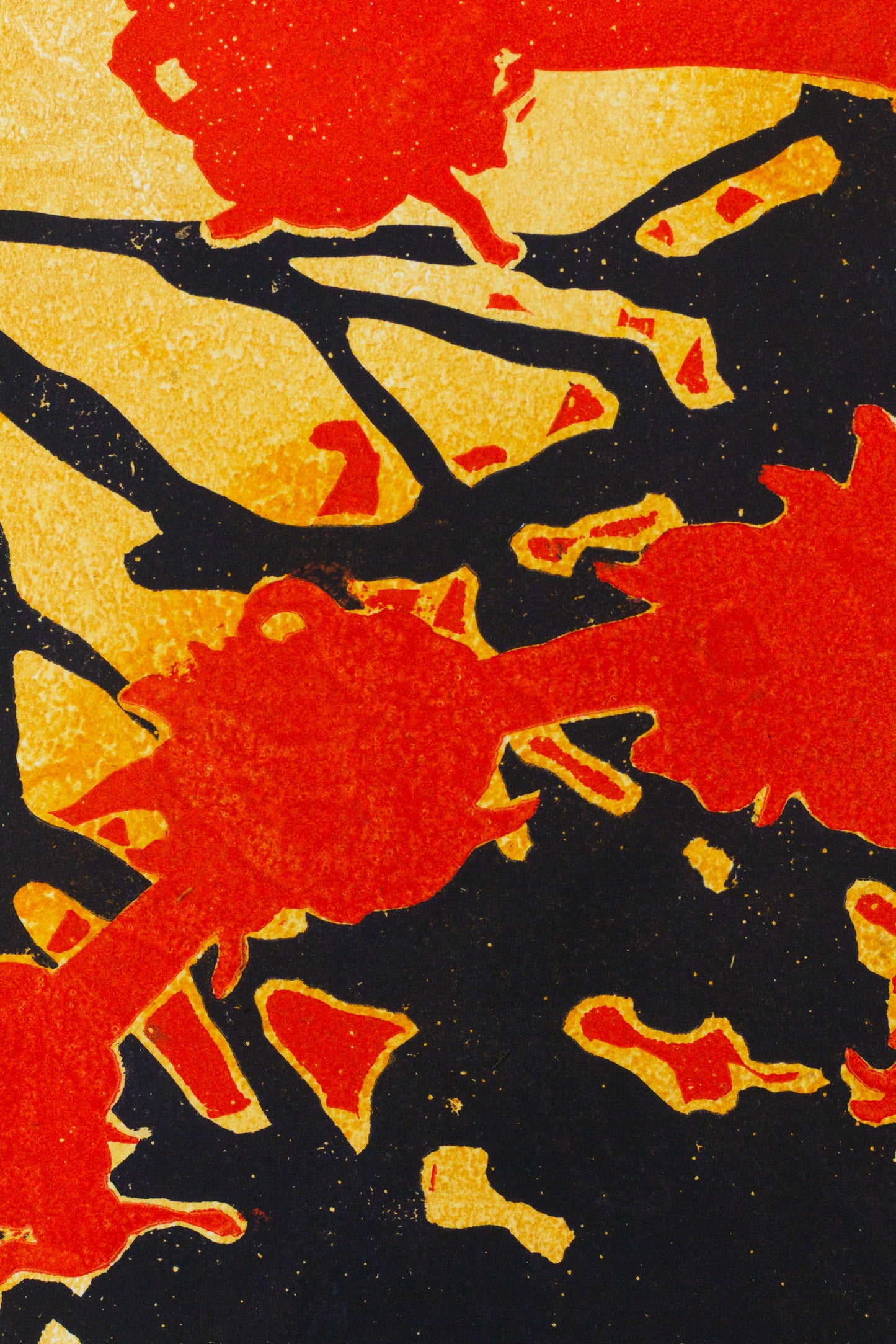 Abstraktes Pflanzenmotiv in kräftigem Rot, Schwarz und Gelb mit überlagernden Formen und kontrastreicher Flächenwirkung – Abstract plant motif in vivid red, black and yellow with layered shapes and strong contrasts.