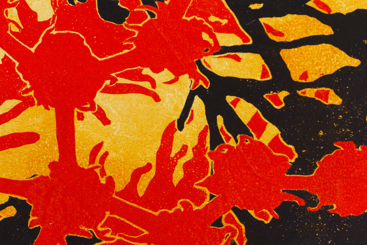 Abstraktes Pflanzenmotiv in kräftigem Rot, Schwarz und Gelb mit überlagernden Formen und kontrastreicher Flächenwirkung – Abstract plant motif in vivid red, black and yellow with layered shapes and strong contrasts.