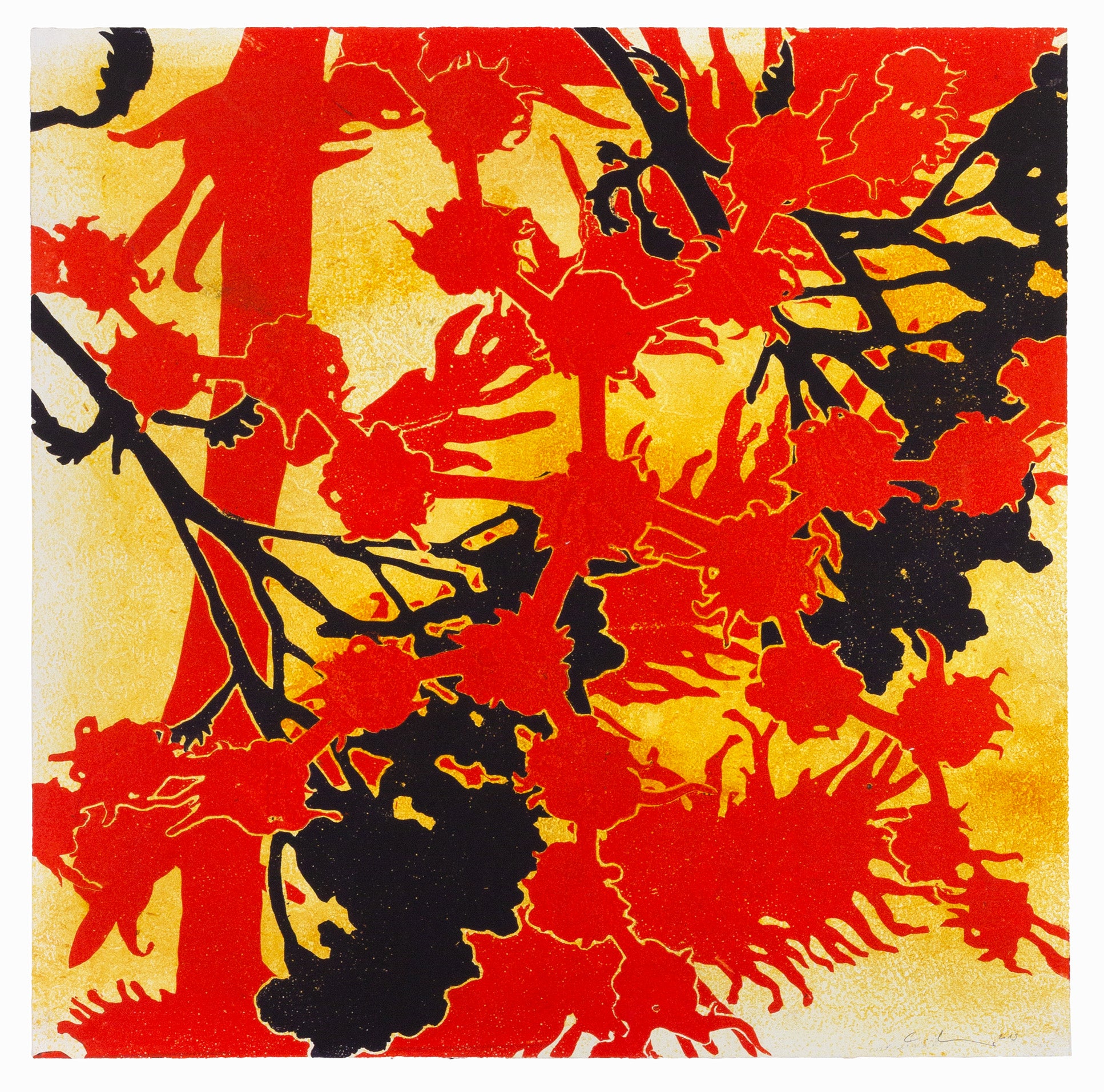 Abstraktes Pflanzenmotiv in kräftigem Rot, Schwarz und Gelb mit überlagernden Formen und kontrastreicher Flächenwirkung – Abstract plant motif in vivid red, black and yellow with layered shapes and strong contrasts.