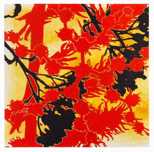 Abstraktes Pflanzenmotiv in kräftigem Rot, Schwarz und Gelb mit überlagernden Formen und kontrastreicher Flächenwirkung – Abstract plant motif in vivid red, black and yellow with layered shapes and strong contrasts.