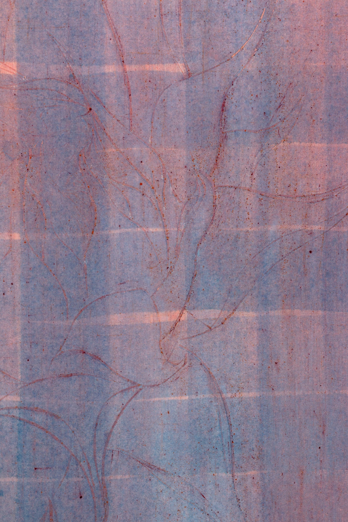 Abstraktes Kunstwerk einer Sonnenblume in zarten Blau-, Rosa- und Violetttönen mit feinen, geschwungenen Linien – Abstract artwork of a sunflower in soft blue, pink and violet shades with delicate flowing lines.