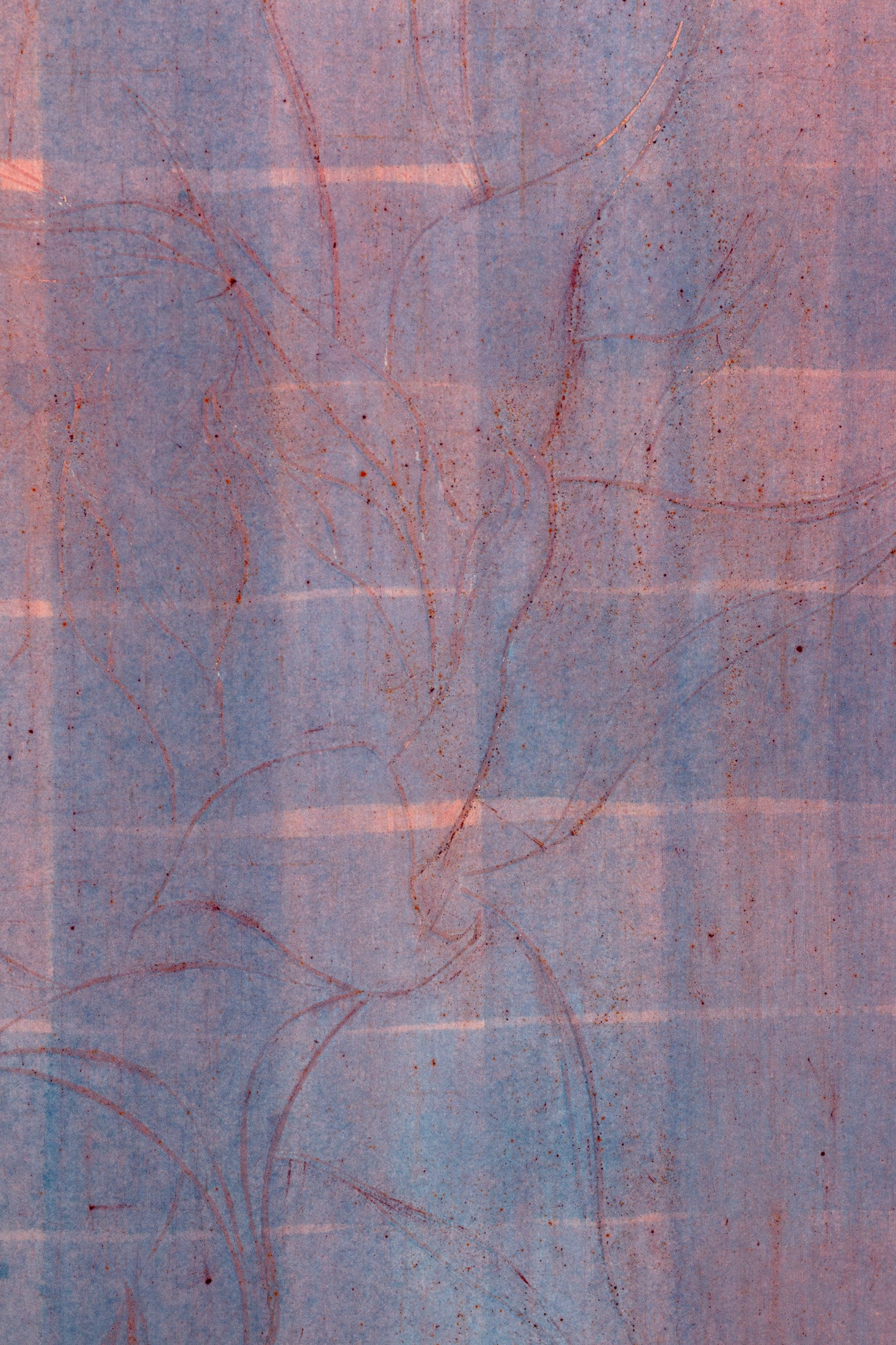 Abstraktes Kunstwerk einer Sonnenblume in zarten Blau-, Rosa- und Violetttönen mit feinen, geschwungenen Linien – Abstract artwork of a sunflower in soft blue, pink and violet shades with delicate flowing lines.