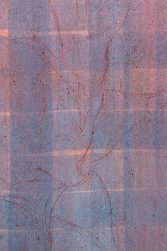 Abstraktes Kunstwerk einer Sonnenblume in zarten Blau-, Rosa- und Violetttönen mit feinen, geschwungenen Linien – Abstract artwork of a sunflower in soft blue, pink and violet shades with delicate flowing lines.