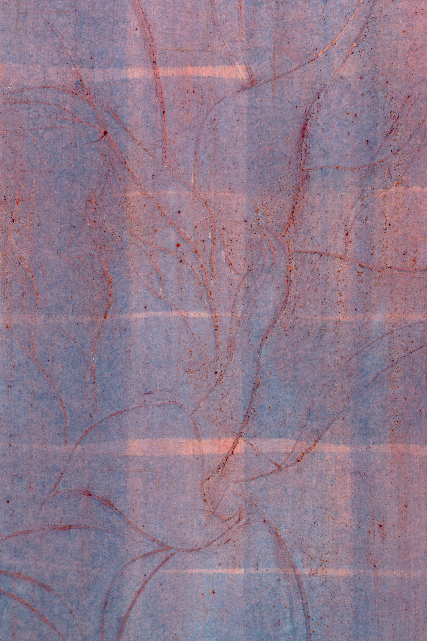 Abstraktes Kunstwerk einer Sonnenblume in zarten Blau-, Rosa- und Violetttönen mit feinen, geschwungenen Linien – Abstract artwork of a sunflower in soft blue, pink and violet shades with delicate flowing lines.