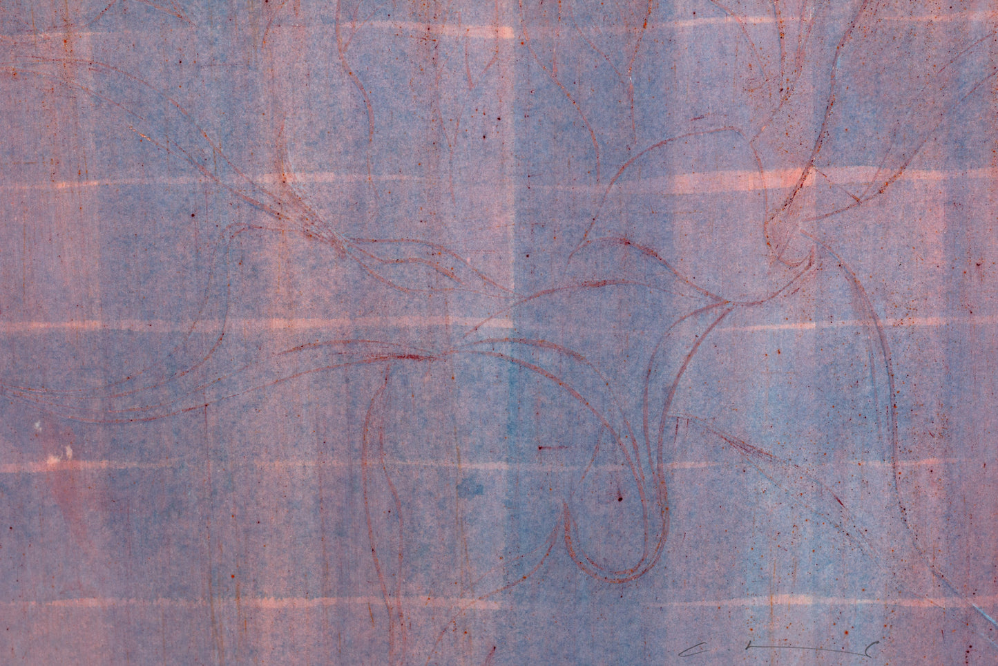 Abstraktes Kunstwerk einer Sonnenblume in zarten Blau-, Rosa- und Violetttönen mit feinen, geschwungenen Linien – Abstract artwork of a sunflower in soft blue, pink and violet shades with delicate flowing lines.