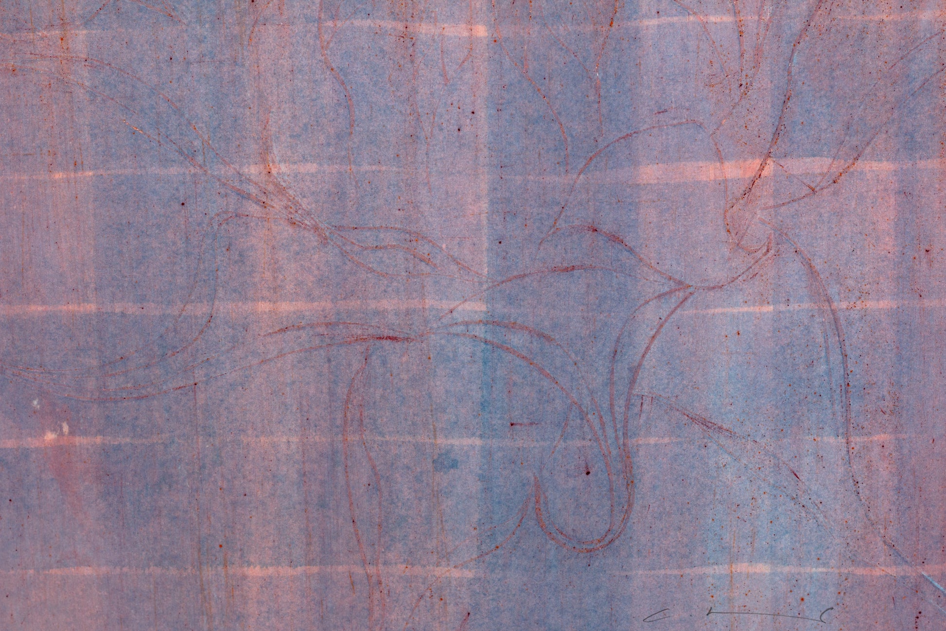 Abstraktes Kunstwerk einer Sonnenblume in zarten Blau-, Rosa- und Violetttönen mit feinen, geschwungenen Linien – Abstract artwork of a sunflower in soft blue, pink and violet shades with delicate flowing lines.