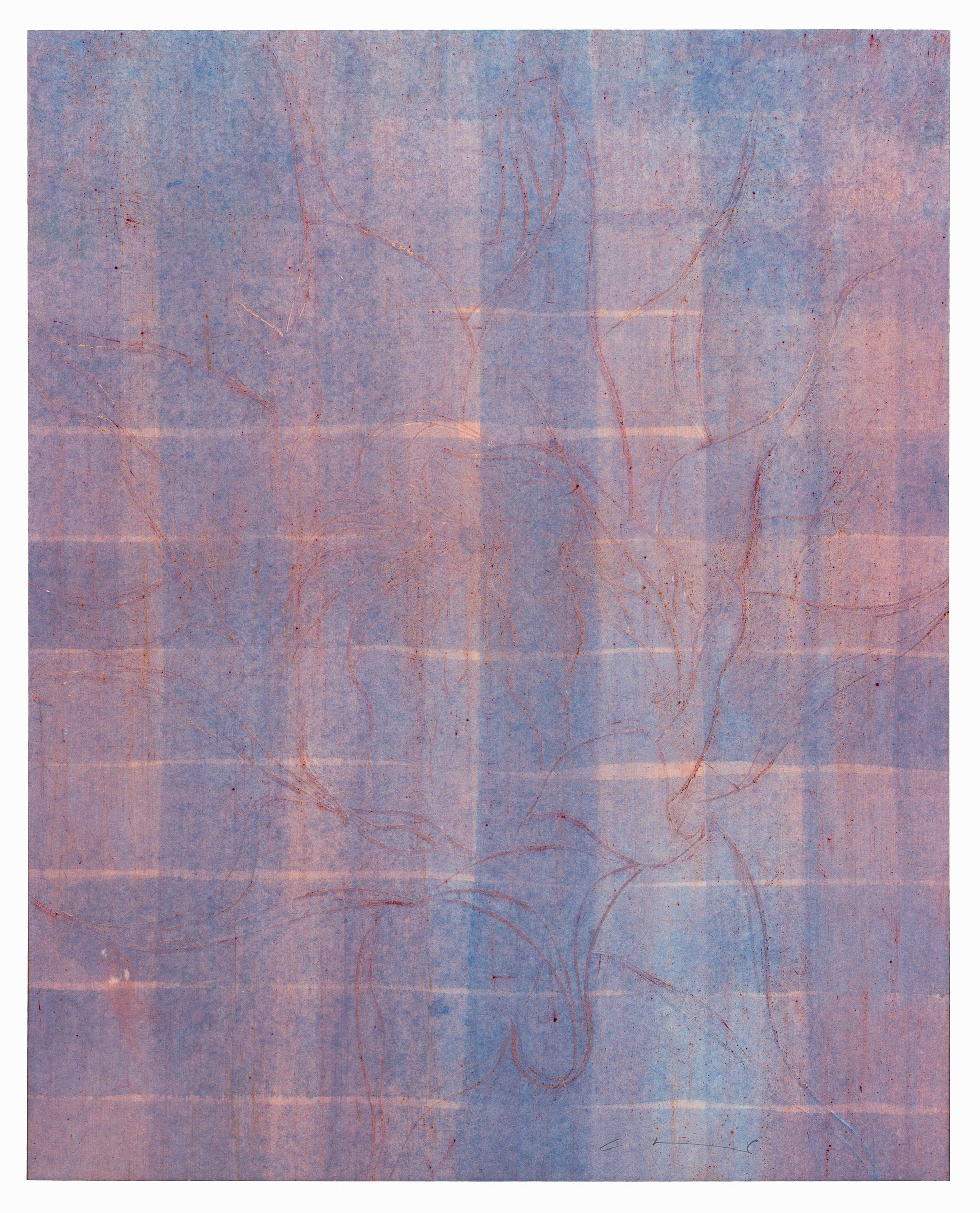 Abstraktes Kunstwerk einer Sonnenblume in zarten Blau-, Rosa- und Violetttönen mit feinen, geschwungenen Linien – Abstract artwork of a sunflower in soft blue, pink and violet shades with delicate flowing lines.