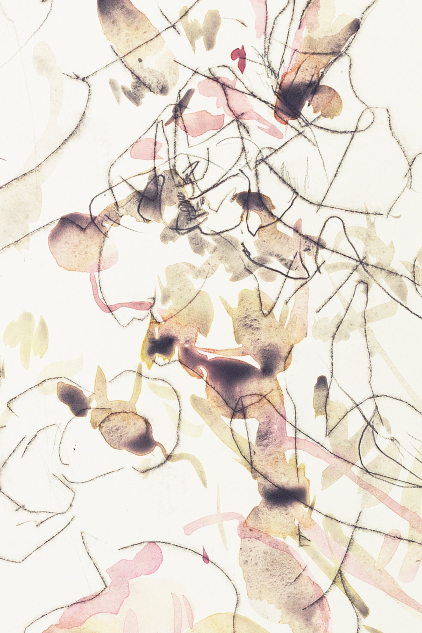 Zarte abstrakte Blumenzeichnung eines Knabenkrauts in Hellrosa, Ocker und Grau auf hellem Hintergrund, kombiniert mit feinen Linien und transparenten Farbschichten – delicate abstract floral drawing of a marsh orchid in light pink, ochre and grey on a bright background, combining fine lines with translucent color layers.